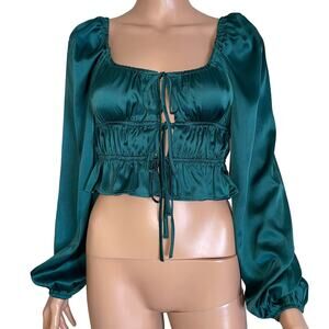 Mixed Threads blouse top Long Sleeve Textured Satin Emarald green puff sleeve SM